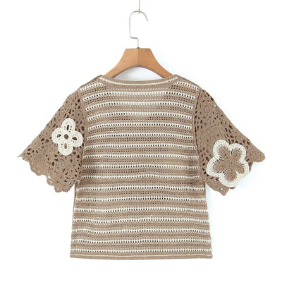 Spring Women Clothing V Neck Vintage Beaded Crocheted Short Sleeved Sweater Cardigan