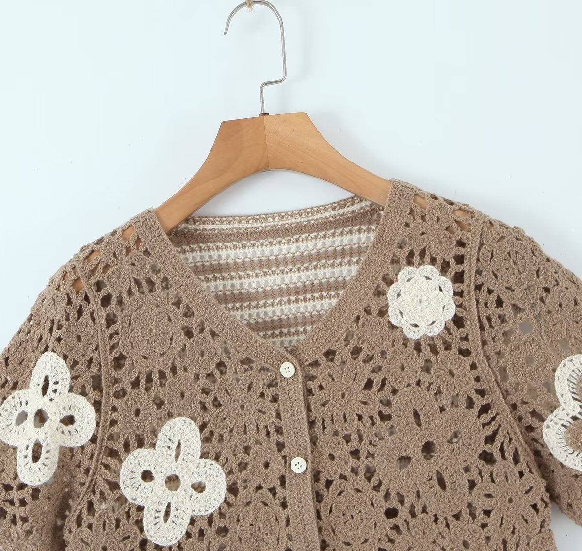 Spring Women Clothing V Neck Vintage Beaded Crocheted Short Sleeved Sweater Cardigan