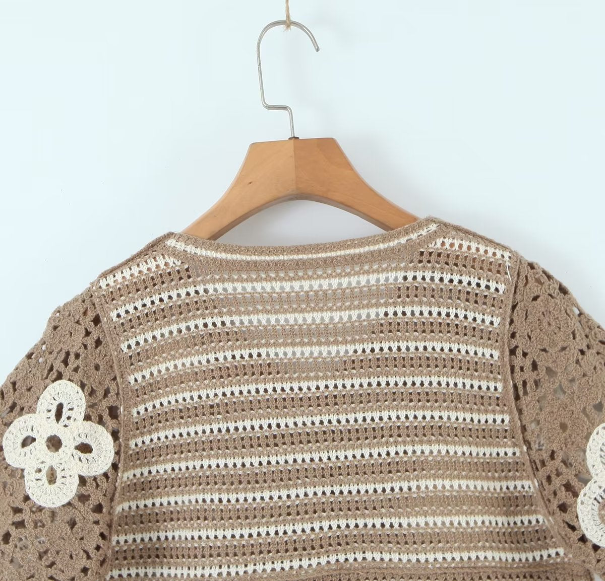 Spring Women Clothing V Neck Vintage Beaded Crocheted Short Sleeved Sweater Cardigan