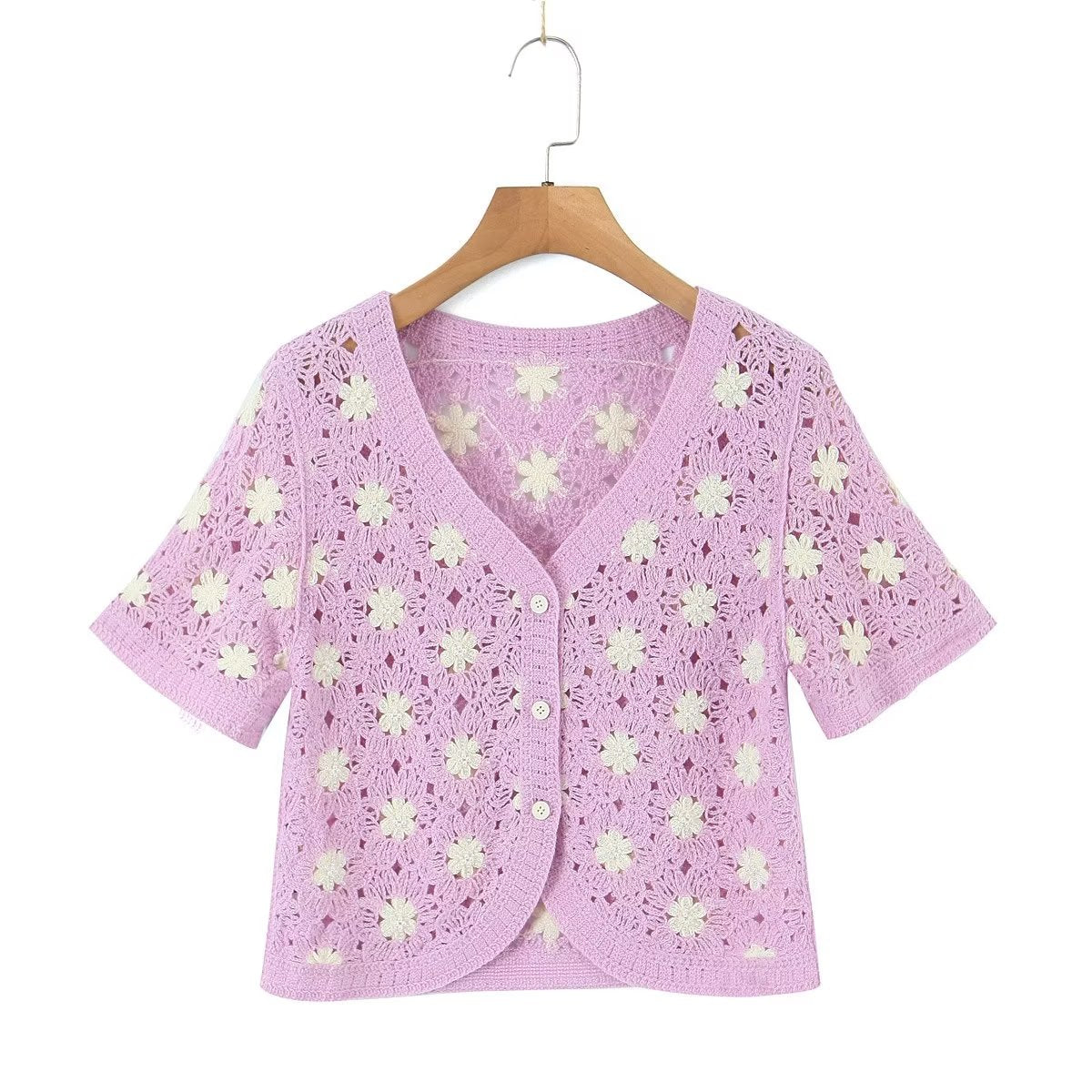 Women Clothing French Vacation Vintage Small Floral Short Sleeve Tup Cardigan Casual