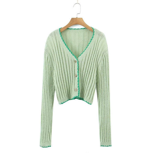Sweet Contrast Color Handmade Crochet Knitted Cardigan Women Spring Sexy Slim Fit V neck Single Breasted Sweater