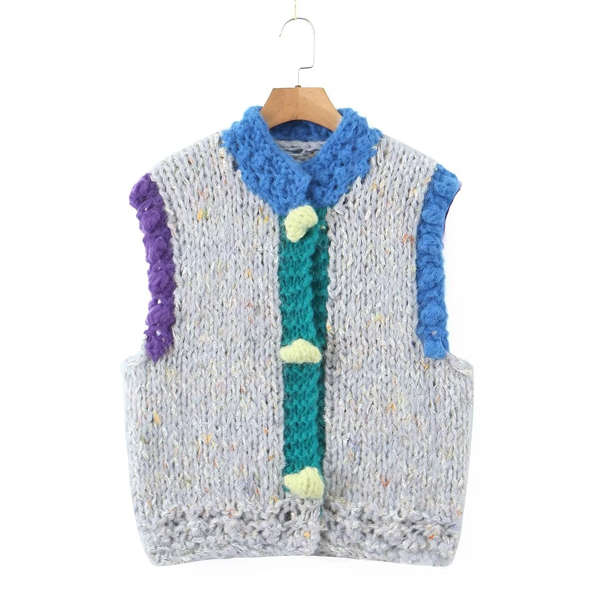 Autumn Hand Woven Three Dimensional Buckle Sweater Sweet Fresh Vest round Neck Single Breasted Cardigan Top Women