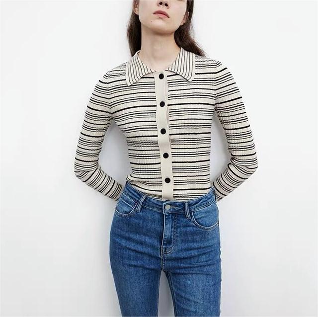 Autumn Winter Elegant Slim Knit Cardigan Polo Collar Stripes Single Breasted