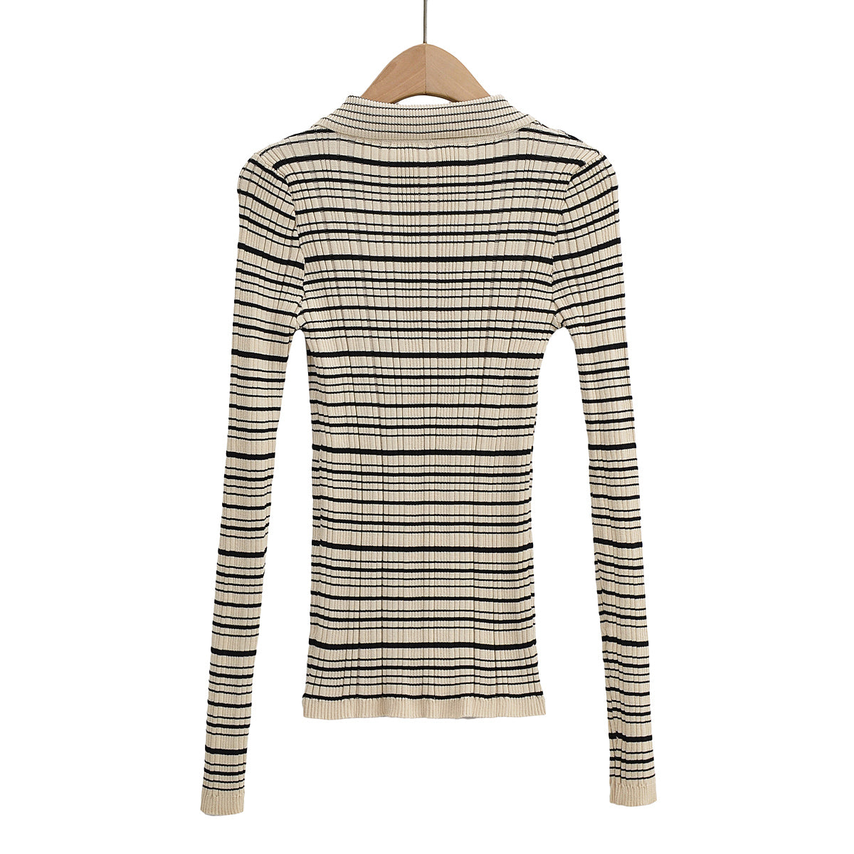 Autumn Winter Elegant Slim Knit Cardigan Polo Collar Stripes Single Breasted