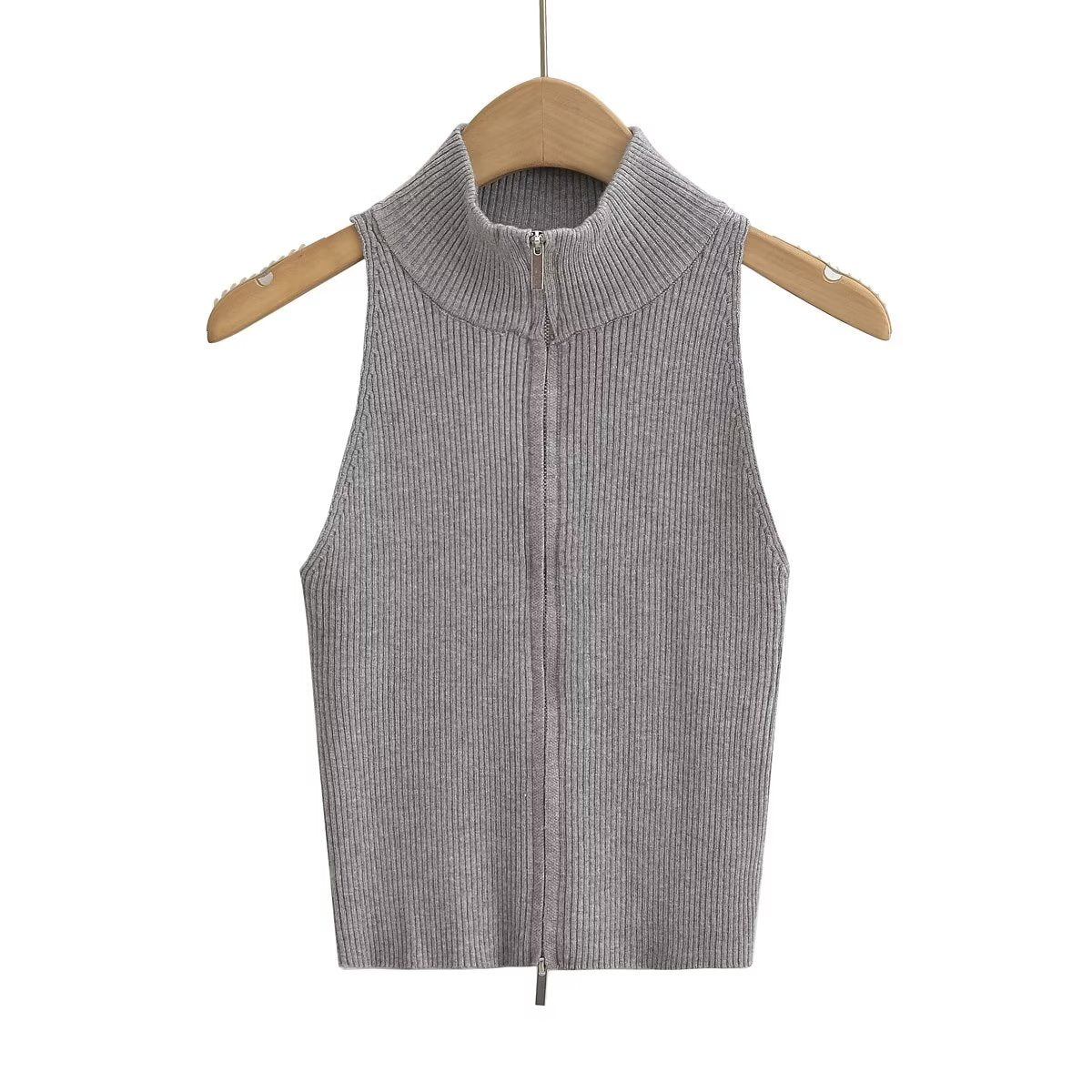 Spring Women Clothing Solid Color Sexy Stand Collar Double Headed Zipper Sleeveless Slim Fit Knitted Top