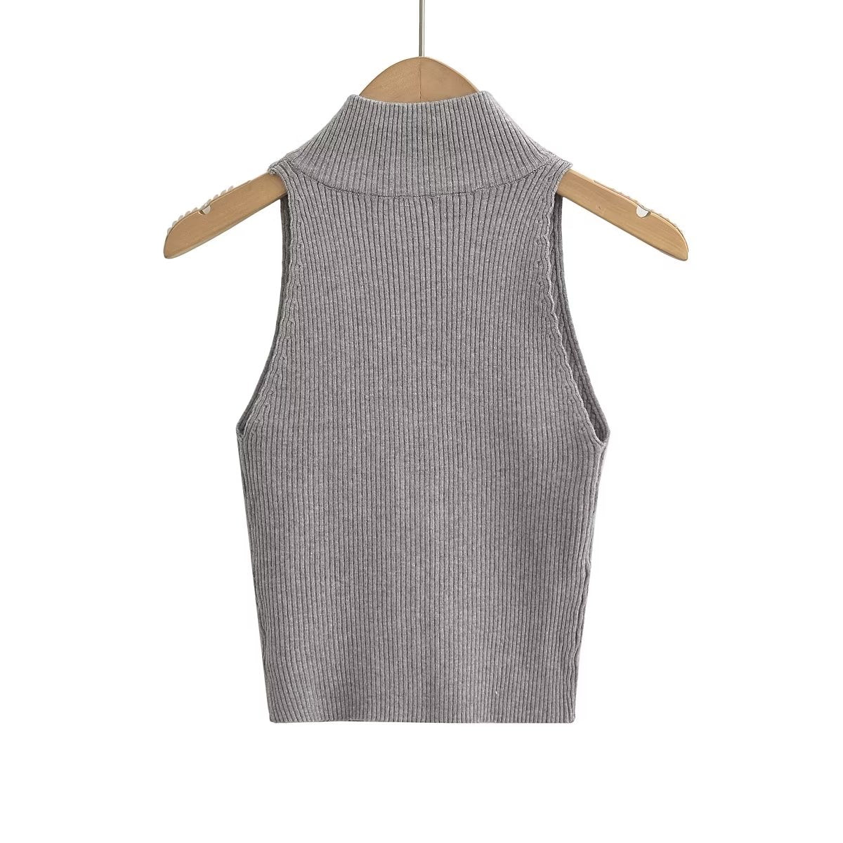 Spring Women Clothing Solid Color Sexy Stand Collar Double Headed Zipper Sleeveless Slim Fit Knitted Top