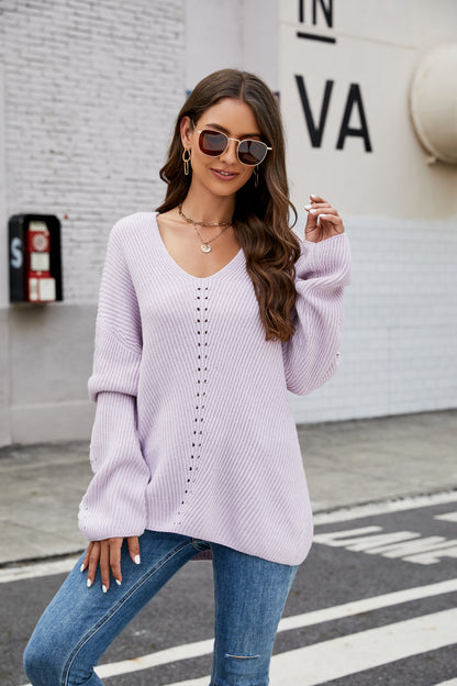 Women Clothing V Neck Casual Pullover Women Loose Long Sleeve Sweater