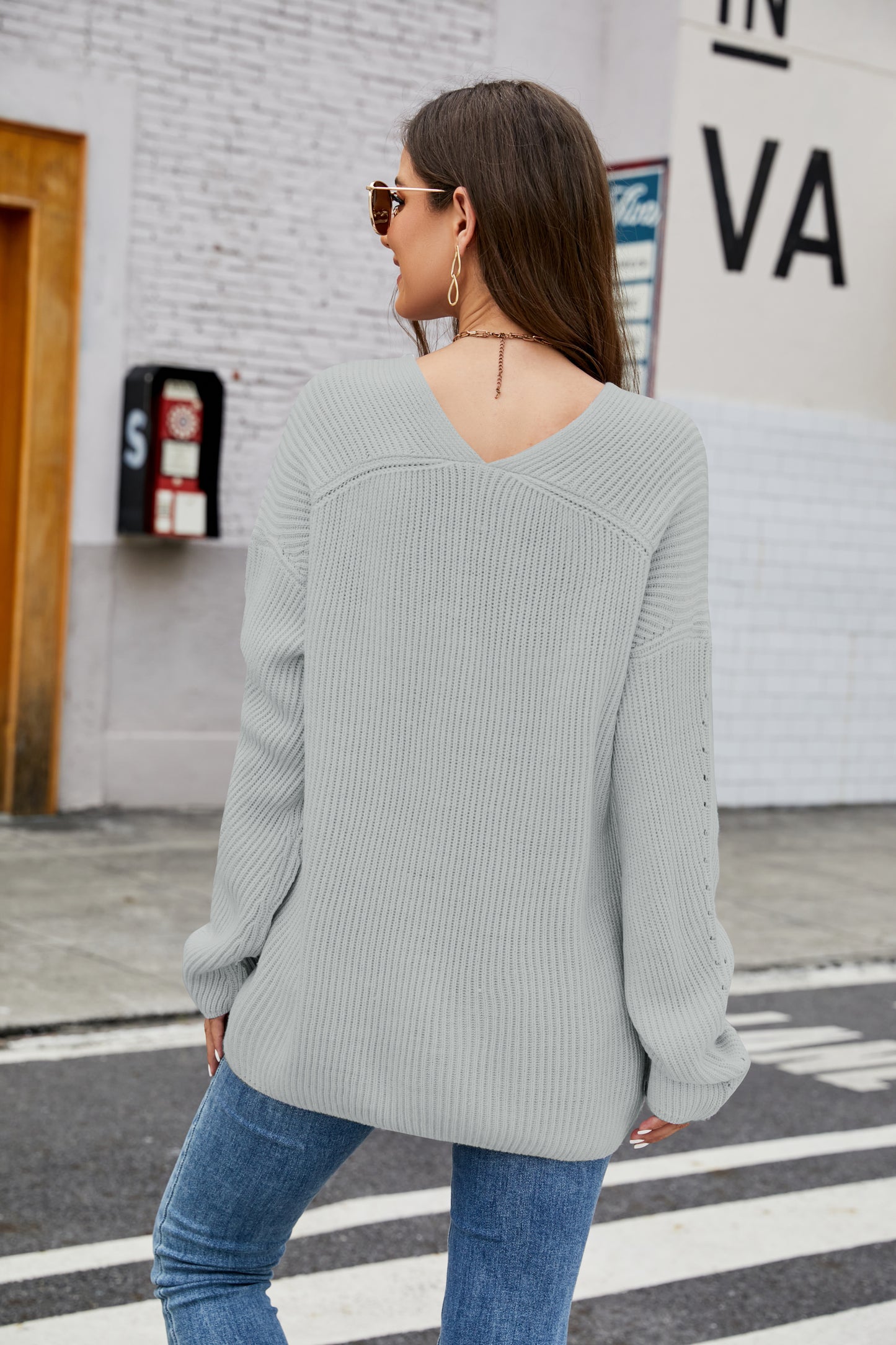 Women Clothing V Neck Casual Pullover Women Loose Long Sleeve Sweater