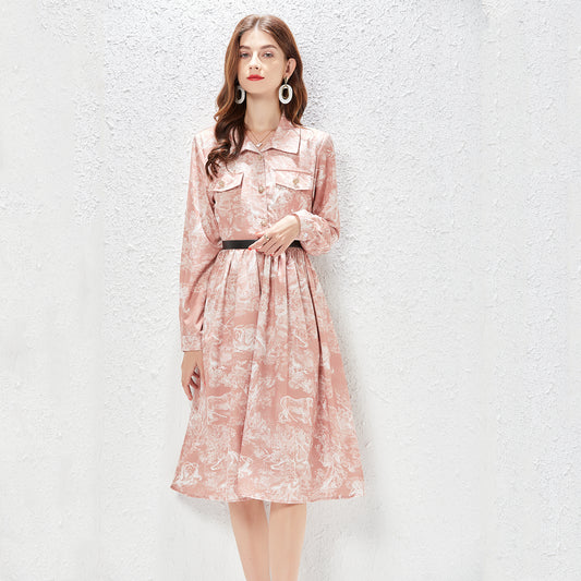 Women  Summer New Elegant Shirt A  word Dress Midi Dress Jungle Print Dress