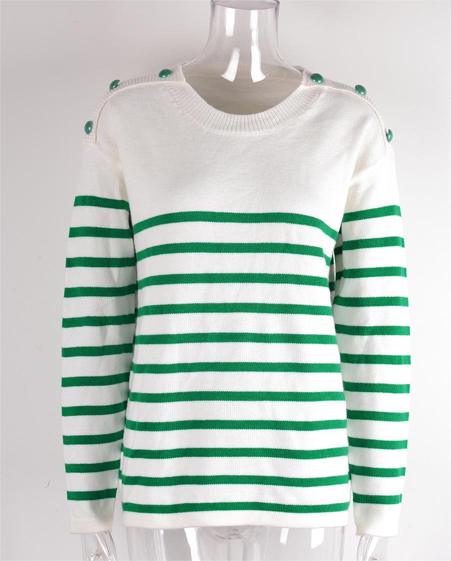 Autumn Winter Pullover Patchwork Button Sweater Striped Stitching Knitwear