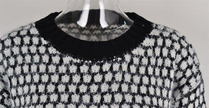 Autumn Winter Sweaters Knitwear Color Contrast Patchwork round Neck Long Sleeve Sweater