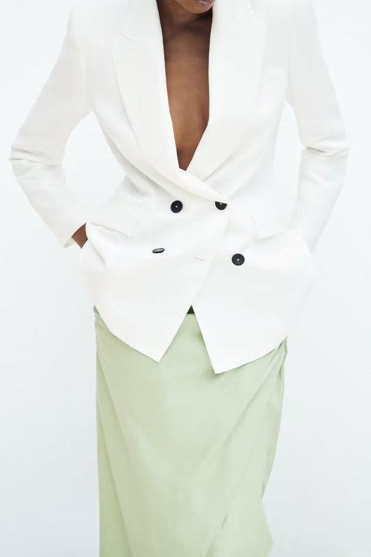 Summer White Office Casual Collared Double Breasted Blazer