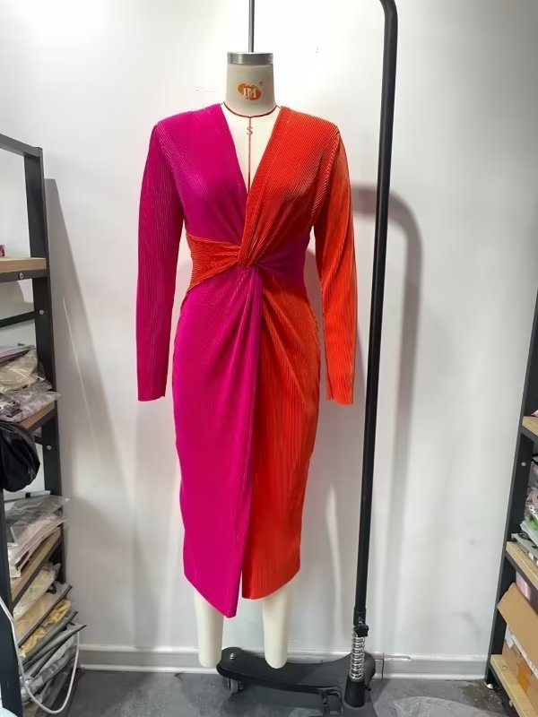 Spring Women Elegant Slightly Mature Color Matching Long Sleeve Dress