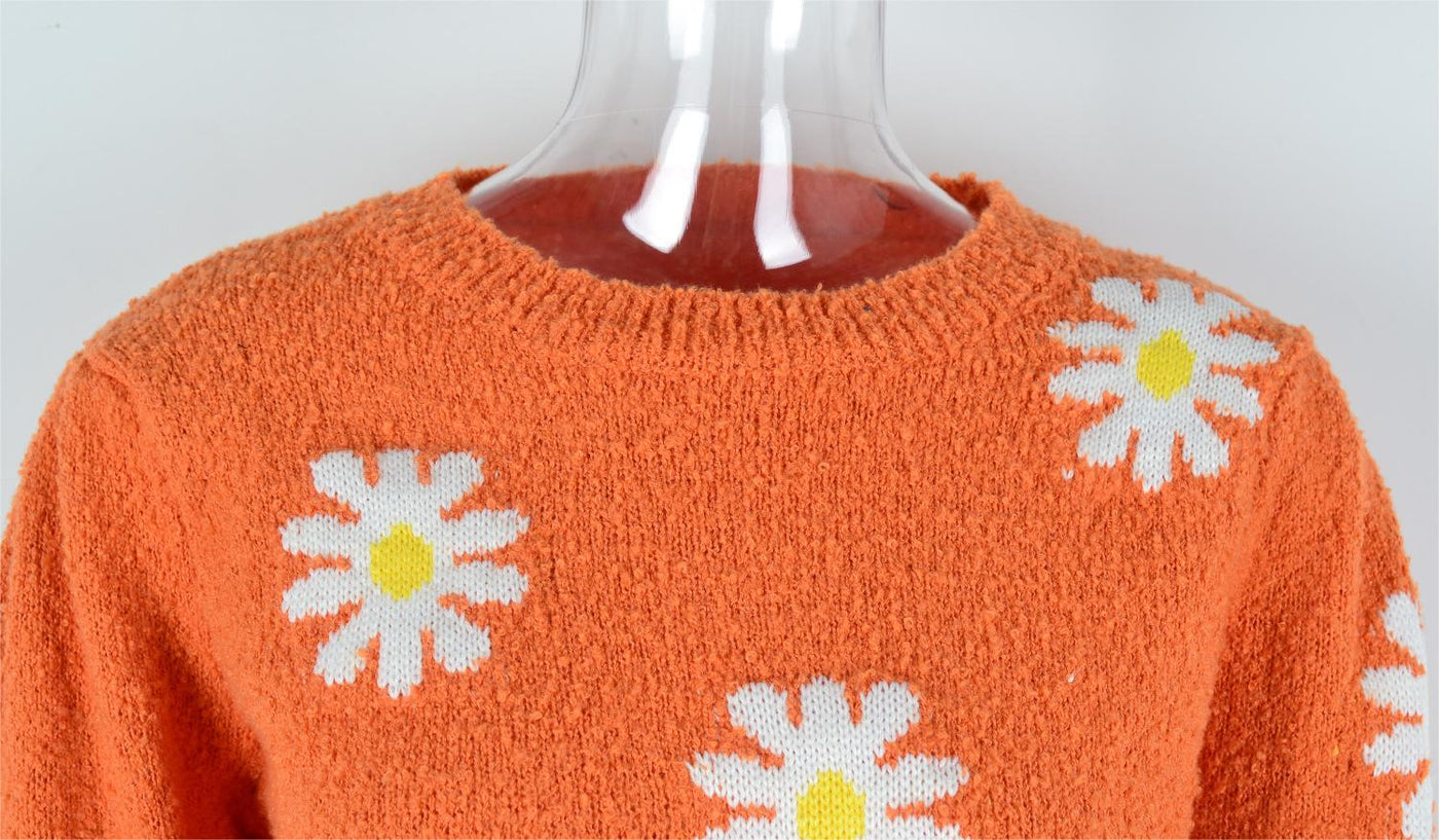 Autumn Winter Sweater Short Little Daisy round Neck Floral Knitted Sweater