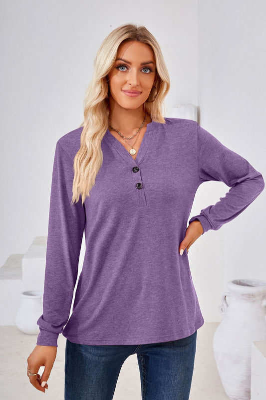 Autumn Winter Solid Color V-neck Button Loose Long-Sleeved T-shirt Top Ladies