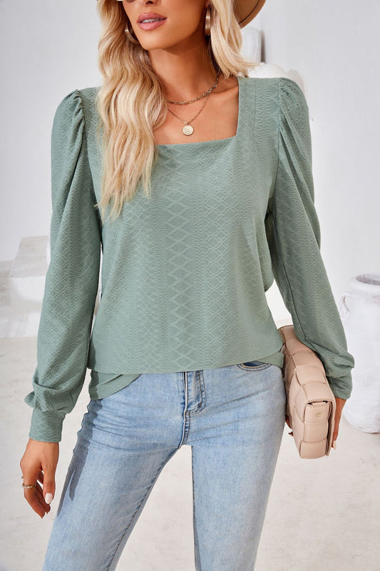 Autumn Winter Solid Color Square Collar Jacquard Long Sleeve Loose-Fitting T-shirt Top Women