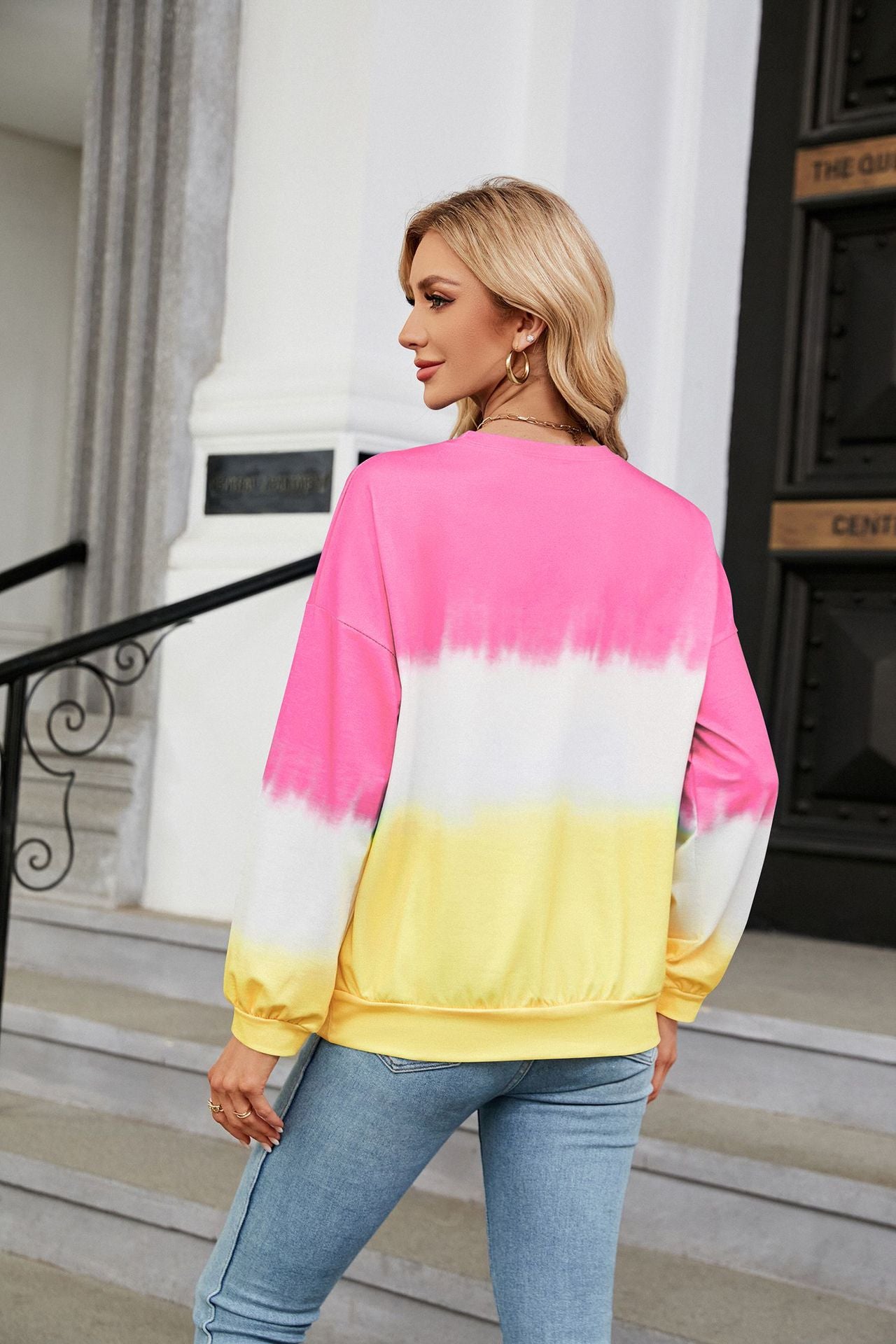 Autumn Winter Tie-Dye Contrast Color round Neck Long Sleeve Loose Sweatshirt