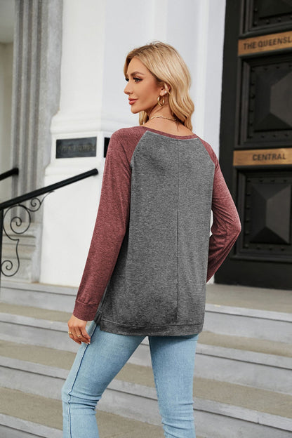 Autumn Winter round Neck Contrast Color Loose Long-Sleeved T-shirt Split Top Women