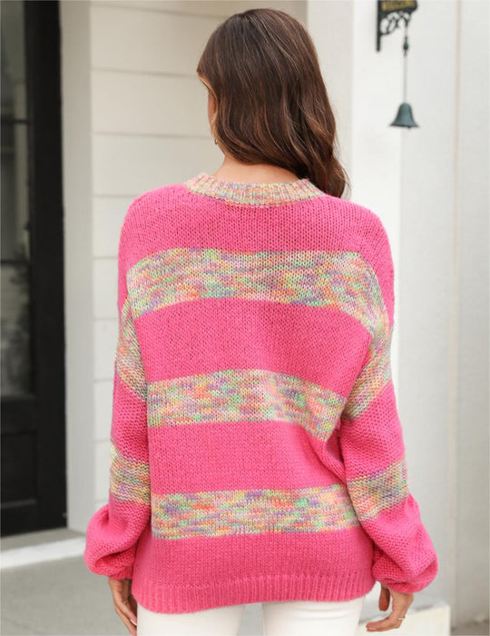 Autumn Winter Women Clothing Sweater Loose round Neck Splicing Knitwear Pullover Sweater
