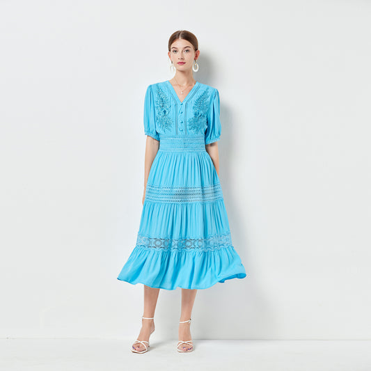 Fashion Lace Dress Spring And Summer V Neck Single Breasted Large Swing Stitching Cotton Elegant Midi Dress