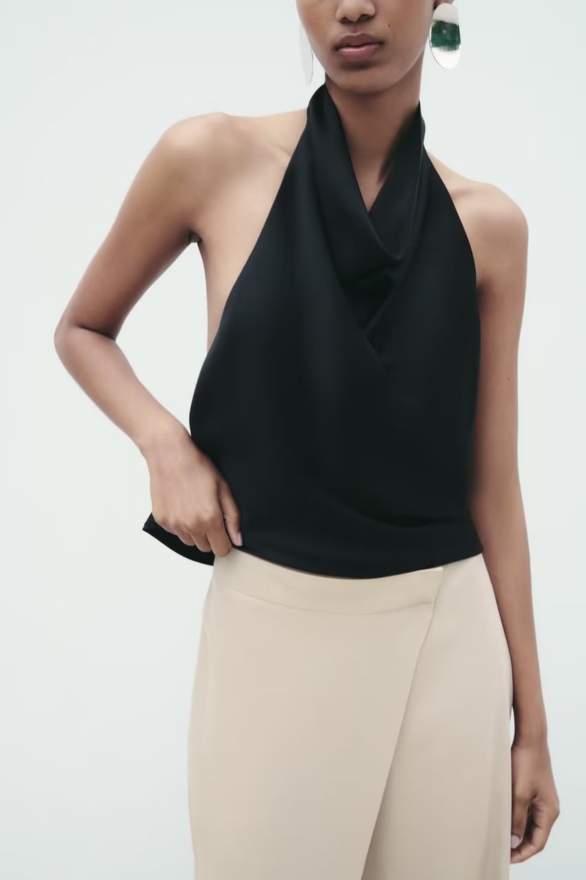 Spring Summer Women' Clothing Halter Silk Satin Texture Backless Short Small Top