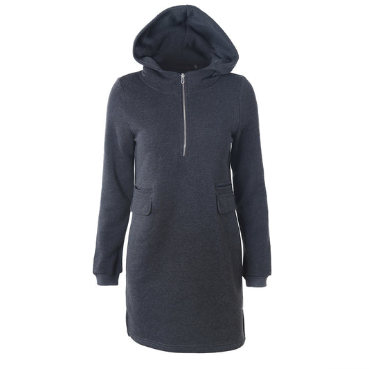 Autumn Winter  Neckline Zipper Hooded Pullover Faux Pocket Solid Color Women