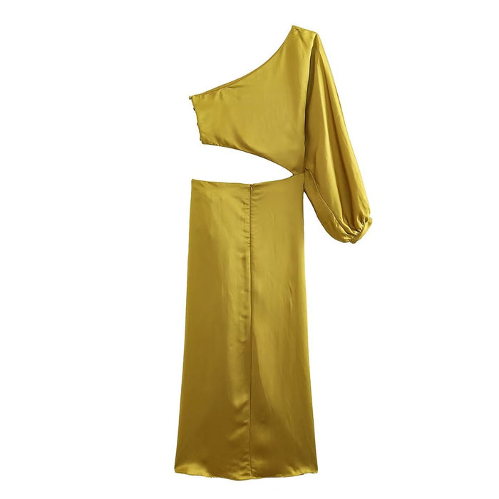 Spring Summer Women Clothing Pullover Diagonal Collar Asymmetric Long Sleeve Hollow Out Cutout Split Dress