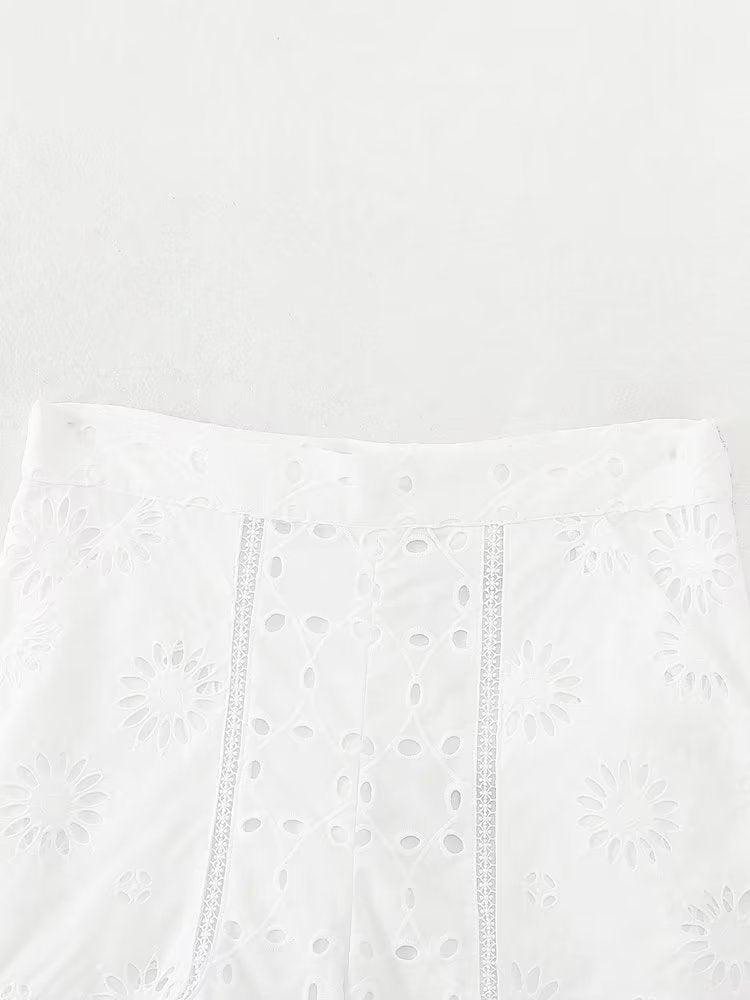 Summer Women  High Waist Embroidered Hollow Out Cutout Design Casual Shorts