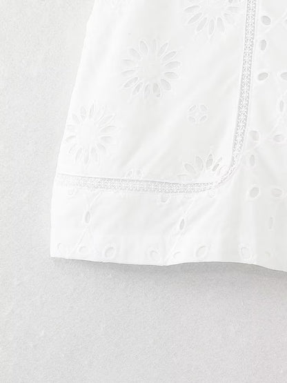 Summer Women  High Waist Embroidered Hollow Out Cutout Design Casual Shorts