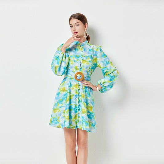 Women  Spring and Summer New Green Printed Single breasted Dress with Vertical Collar Large Swing Pocket Holiday Dress A  line Swing Dress