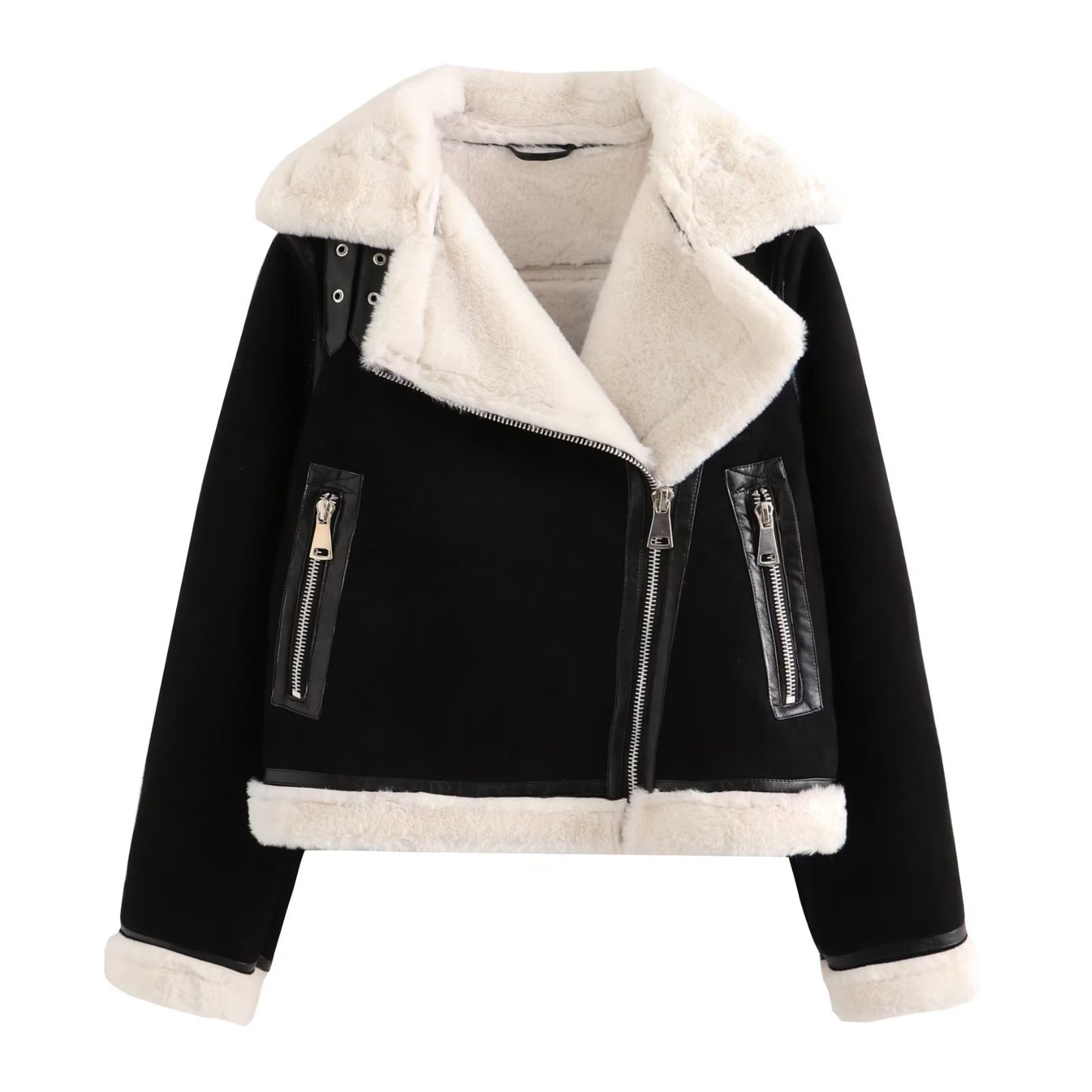 Women Double Sided Short Warm Faux Shearling Jacket