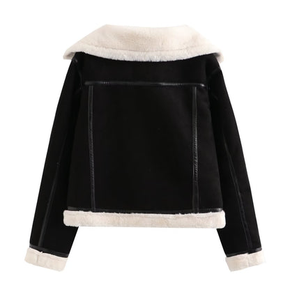 Women Double Sided Short Warm Faux Shearling Jacket