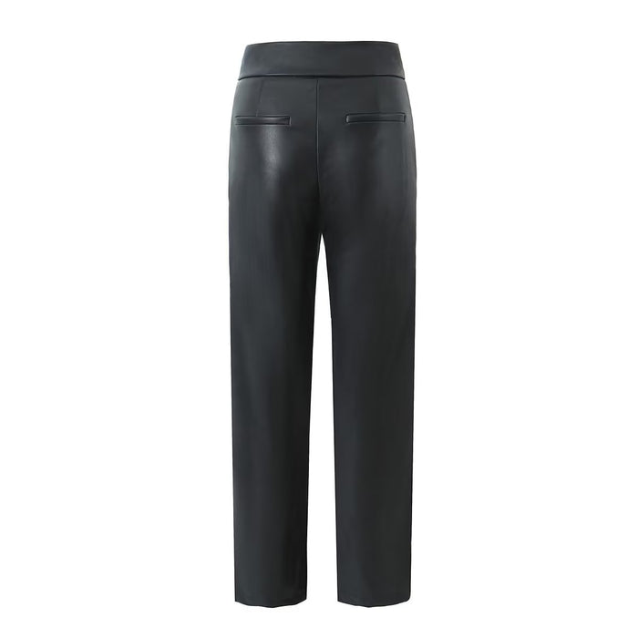 Autumn Winter Women Clothing Straight Slim Fit Leather Pants Trousers