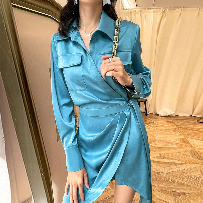 Luxury Satin Tooling Pocket Mid Length Shirt Shirt Dress for Women