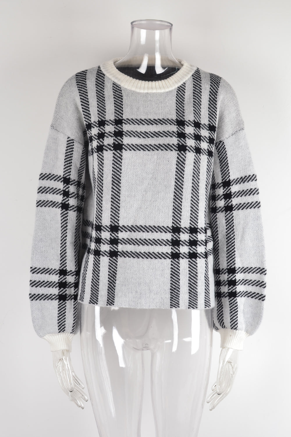 Autumn Winter Women Sweater Large Plaid Stitching Casual Pullover Round Neck Sweater