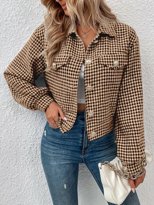 Autumn Winter Women Coat Collared Single Breasted Houndstooth Jacquard Jacket Office Coat Women