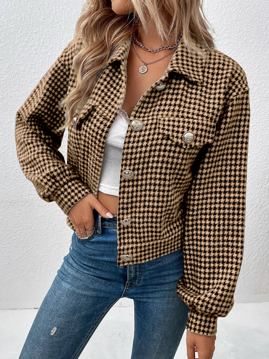 Autumn Winter Women Coat Collared Single Breasted Houndstooth Jacquard Jacket Office Coat Women