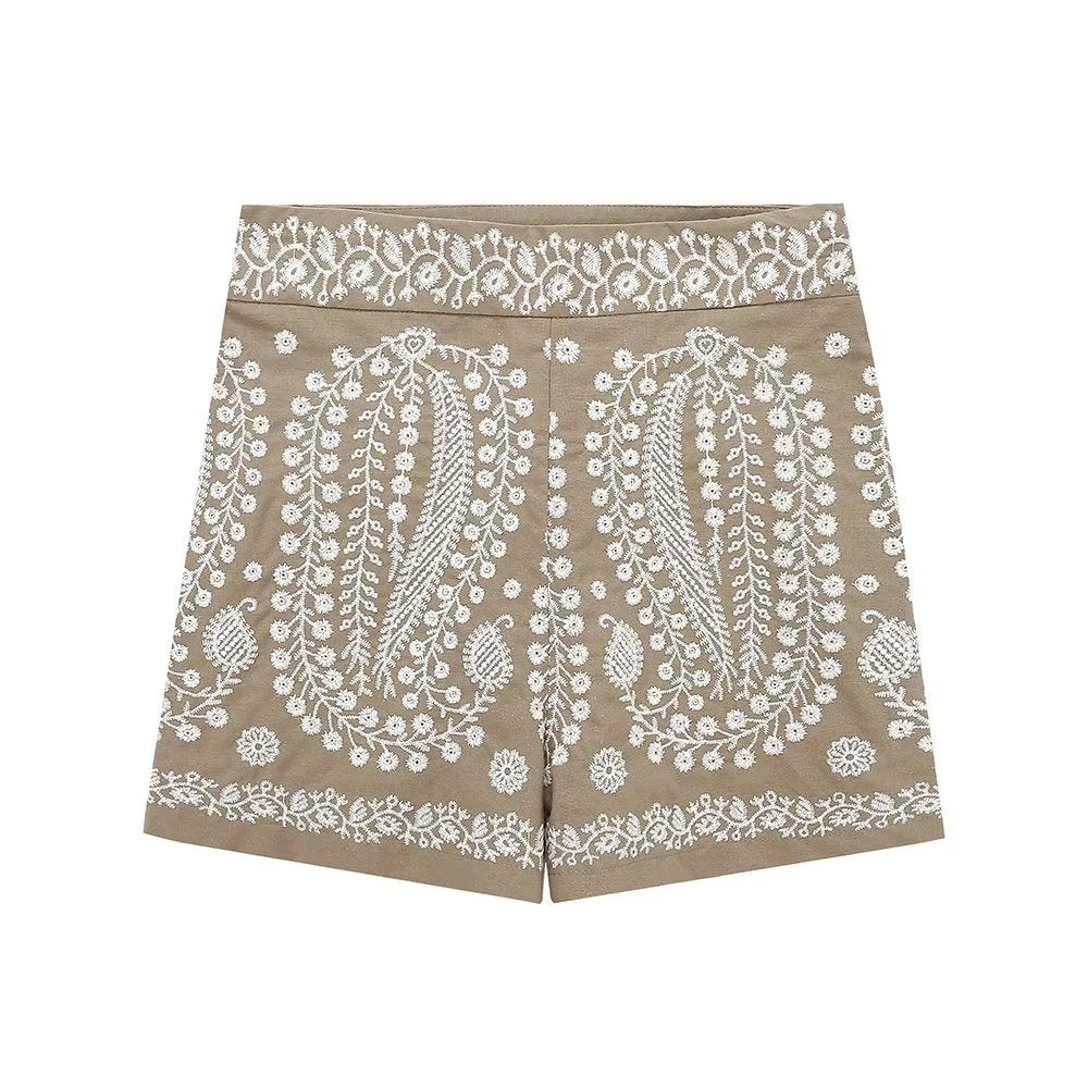 Summer Women  Clothing Street Casual Linen Embroidery Shorts