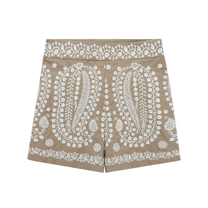 Summer Women  Clothing Street Casual Linen Embroidery Shorts