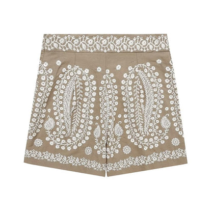 Summer Women  Clothing Street Casual Linen Embroidery Shorts