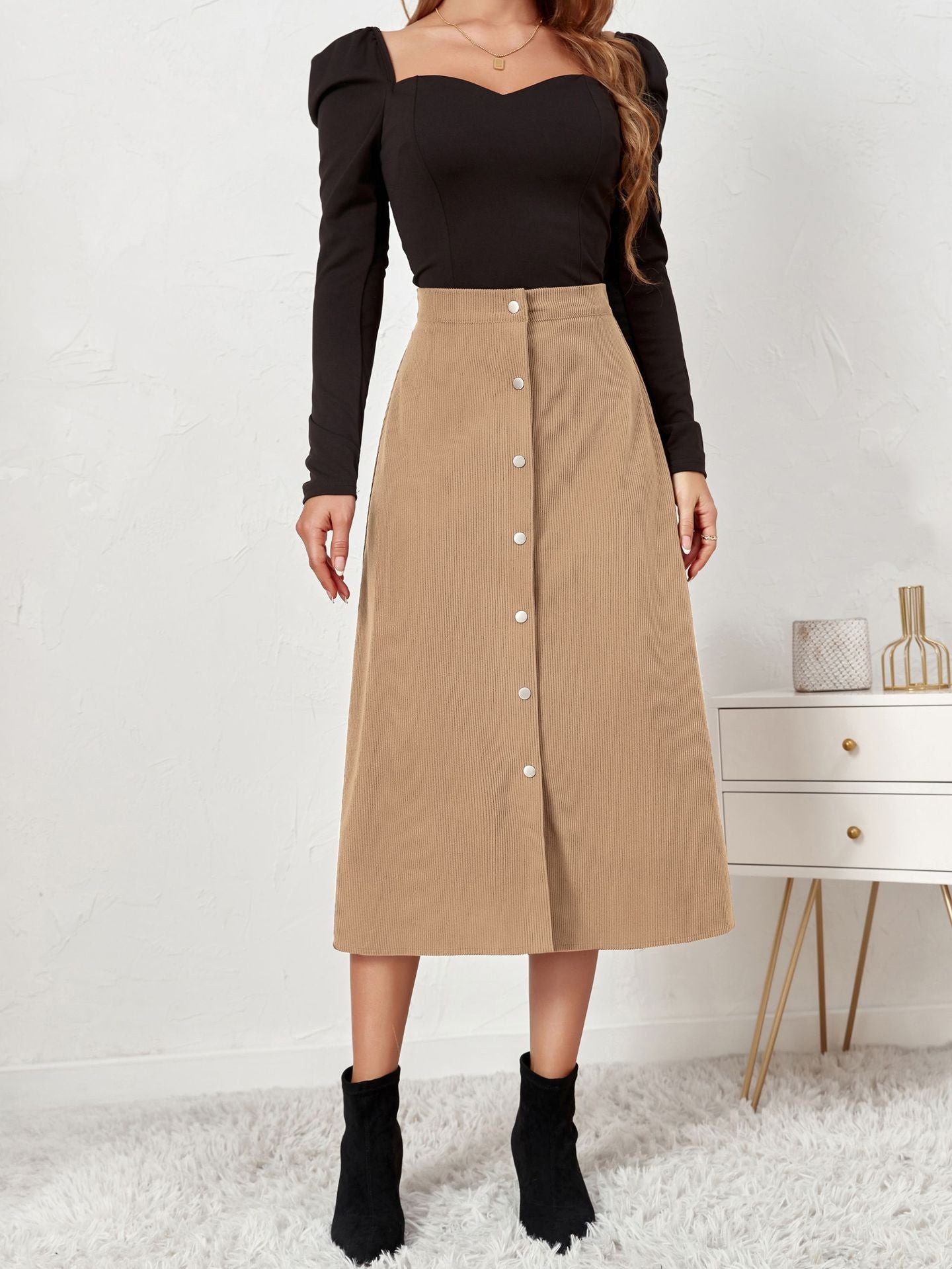 Women Clothing Boutique Corduroy Skirt Single Breasted High Waist Autumn Winter Maxi  Women Skirt