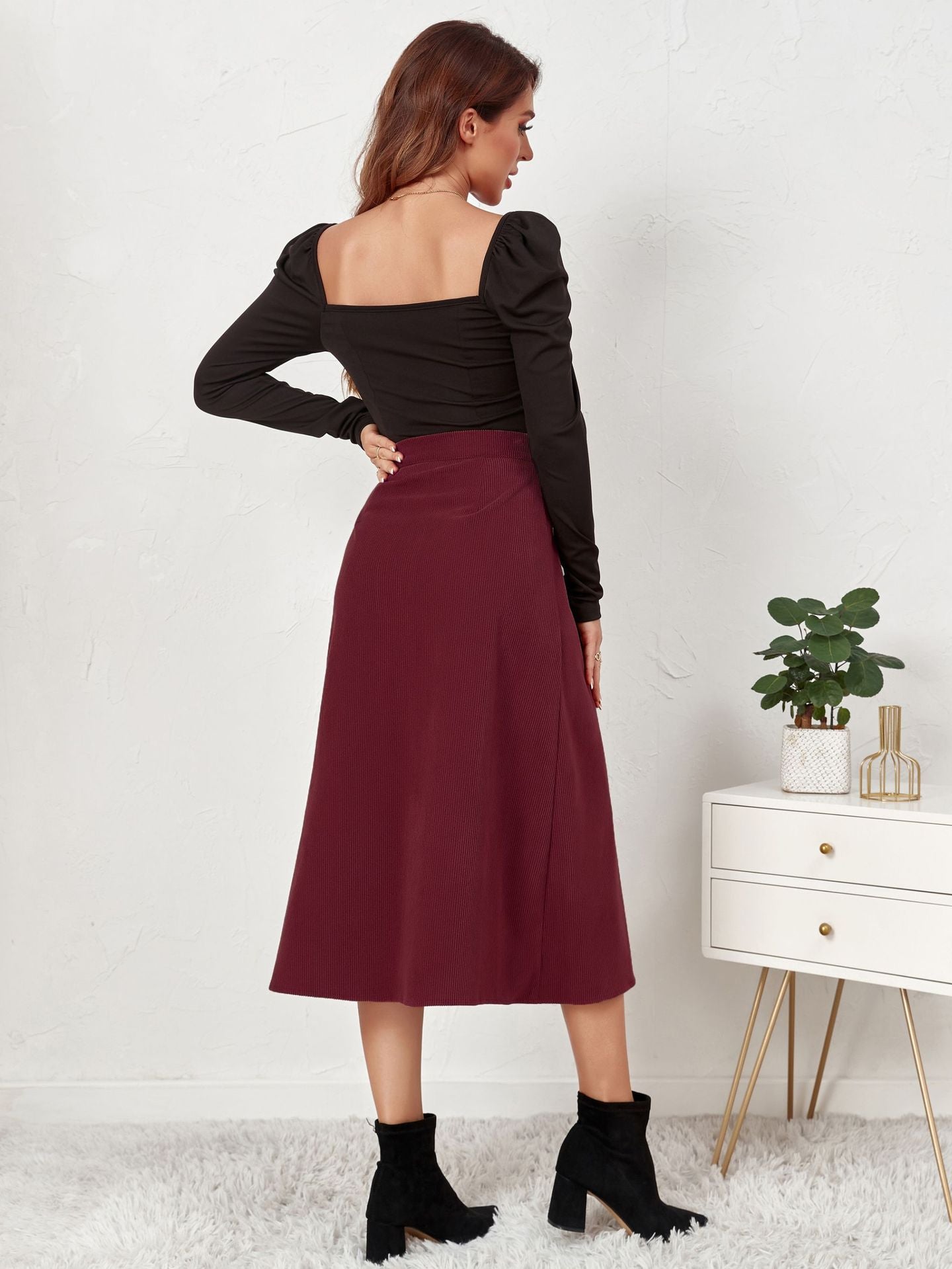 Women Clothing Boutique Corduroy Skirt Single Breasted High Waist Autumn Winter Maxi  Women Skirt