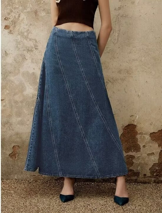Women Summer Graceful Fashionable Split Line Intellectual High Waist Denim Skirt