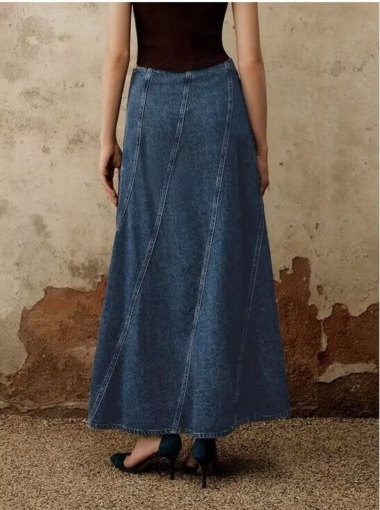 Women Summer Graceful Fashionable Split Line Intellectual High Waist Denim Skirt