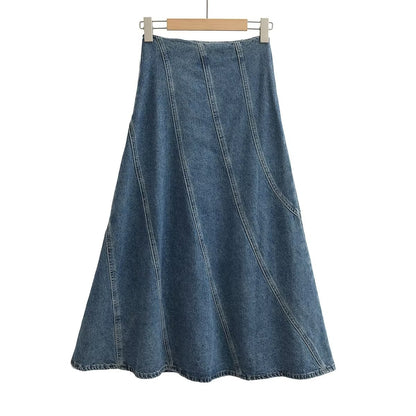 Women Summer Graceful Fashionable Split Line Intellectual High Waist Denim Skirt