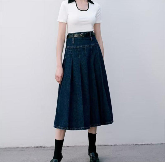 Autumn Winter Solid Blue High Waist Stitching High-End Long Skirt Pleated Skirt Skirt