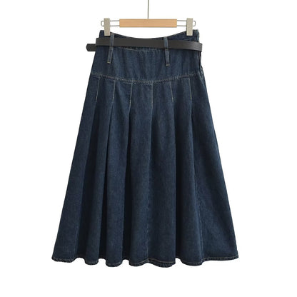 Autumn Winter Solid Blue High Waist Stitching High-End Long Skirt Pleated Skirt Skirt