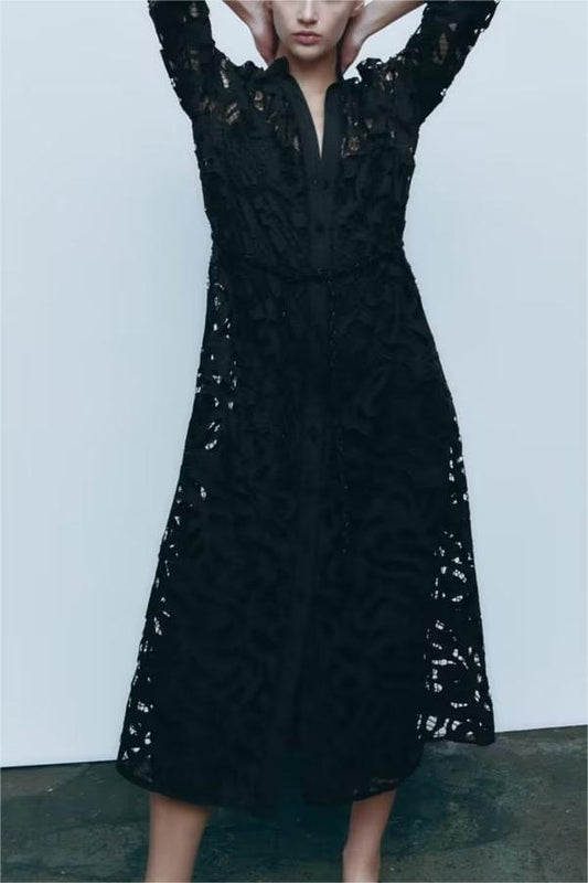 Women  French Long Sleeve V neck Dress Sexy Cutout Jacquard Black Home Wear