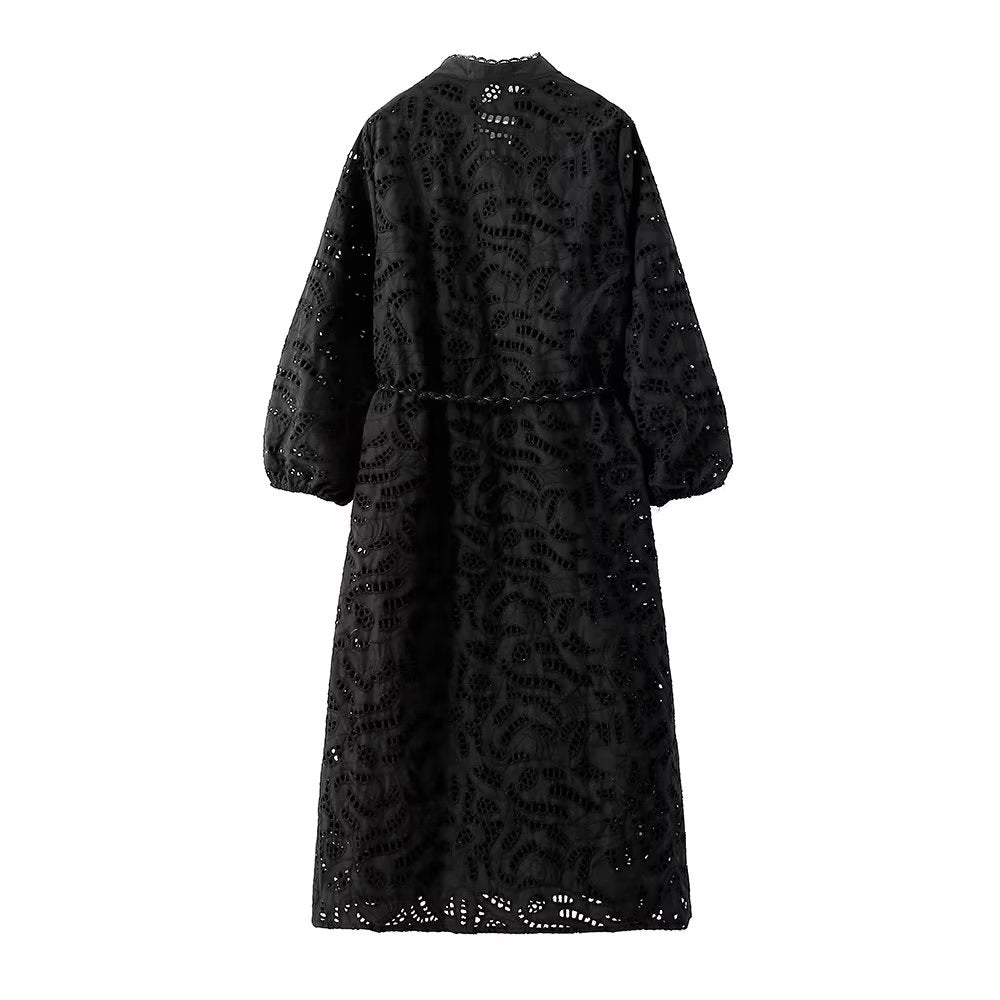 Women  French Long Sleeve V neck Dress Sexy Cutout Jacquard Black Home Wear