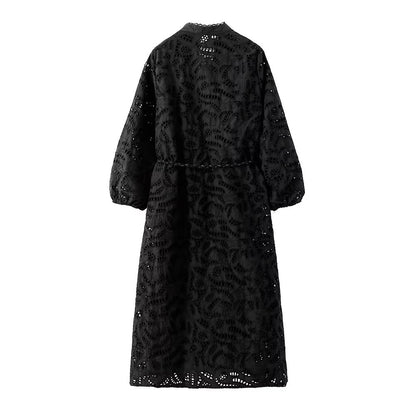 Women  French Long Sleeve V neck Dress Sexy Cutout Jacquard Black Home Wear